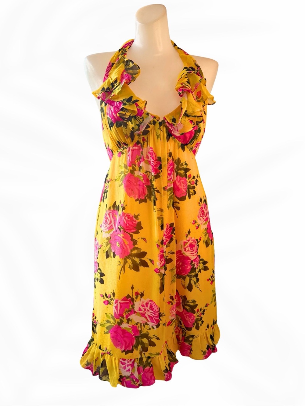 Betsey Johnson Yellow Floral Halter Dress Ruffle Hem Silk Blend | Size 6